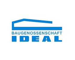 Das Logo der Baugenossenschaft Ideal zeigt eine stilisierte Dachlinie in Blau über dem Schriftzug.
