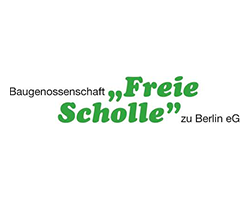 Das Logo der Baugenossenschaft 'Freie Scholle' zeigt den Namen in grüner Schrift auf hellem Hintergrund.