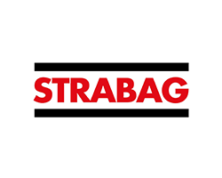 Ein markantes Logo mit dem Schriftzug STRABAG in leuchtendem Rot, unterstrichen von zwei schwarzen Balken.