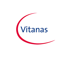 Ein modernes Logo mit dem Wort 'Vitans' in blauer Schrift, das von einer eleganten roten Kurve umrahmt wird.